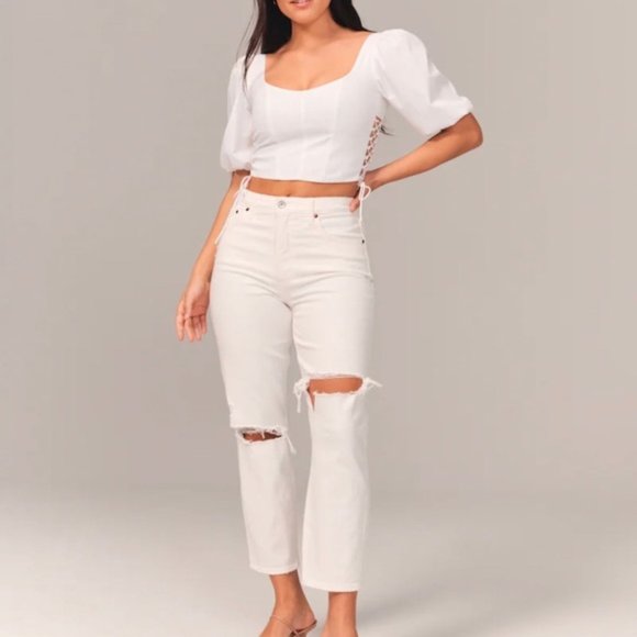 Abercrombie & Fitch Denim - Abercrombie & Fitch curve live white distressed high rise mom jeans